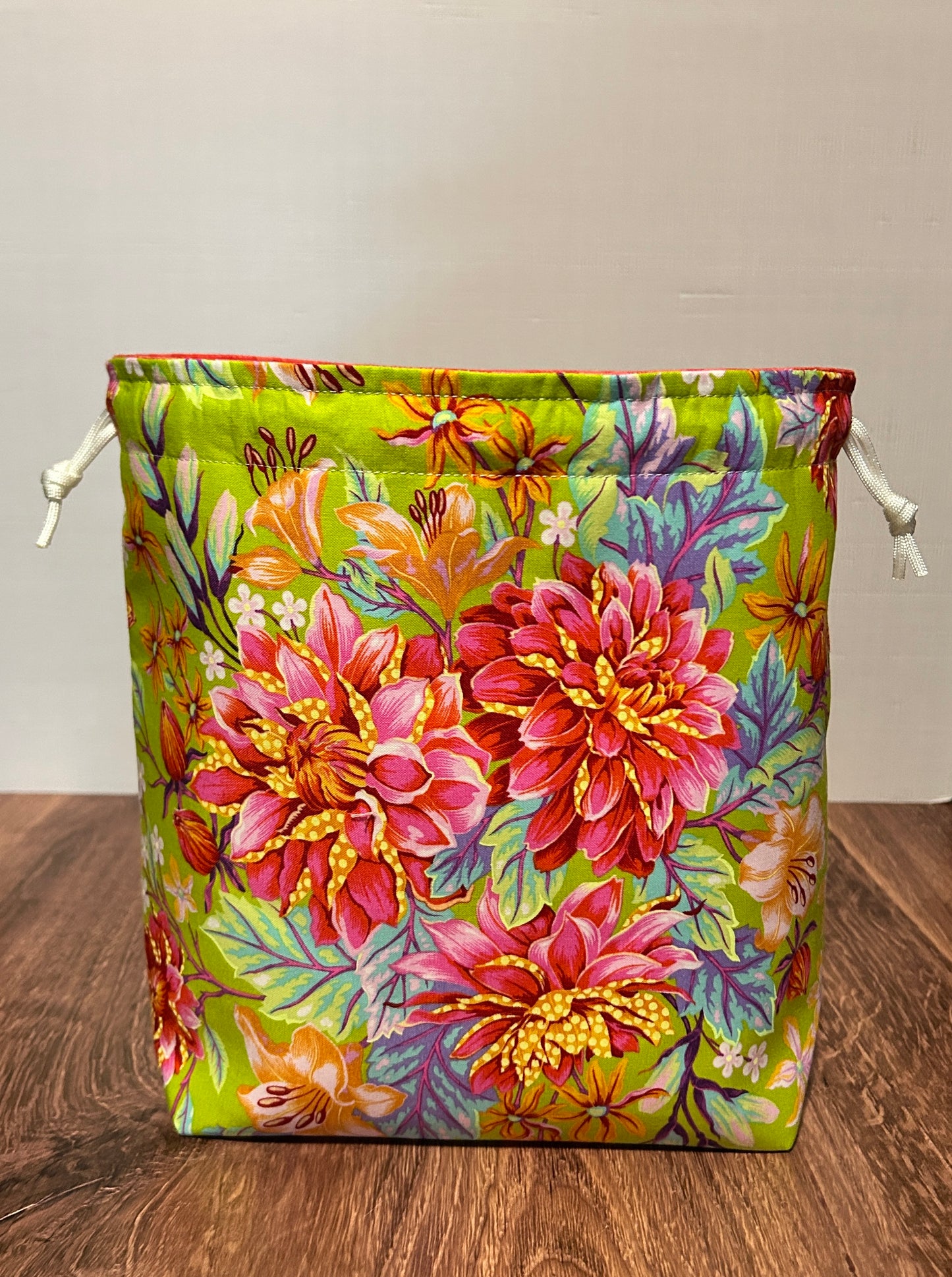 Flower Project Bag - Handmade - Drawstring Bag – Knitting Bag – Crochet Bag - Toy Sack - Floral - Dahlia