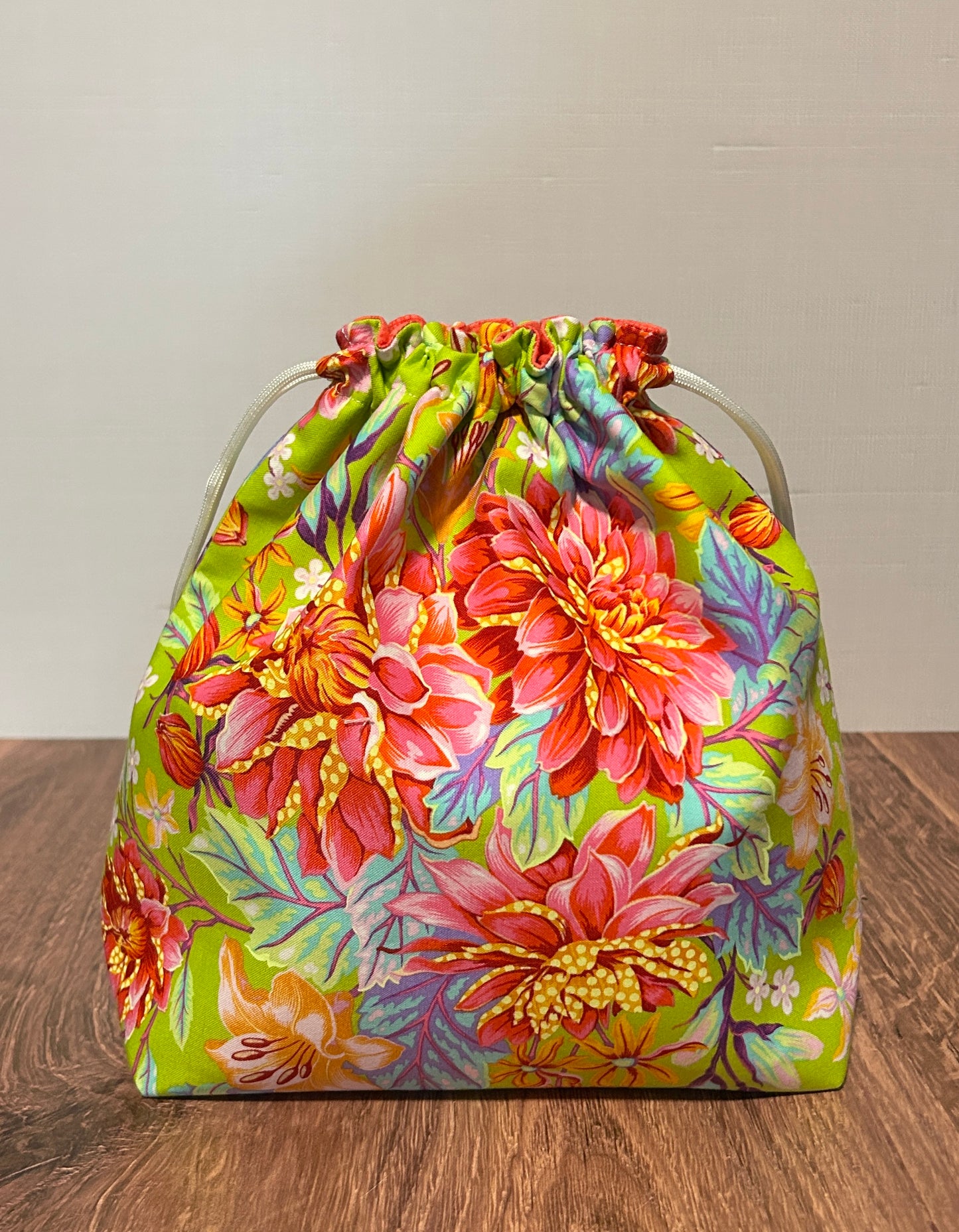 Flower Project Bag - Handmade - Drawstring Bag – Knitting Bag – Crochet Bag - Toy Sack - Floral - Dahlia