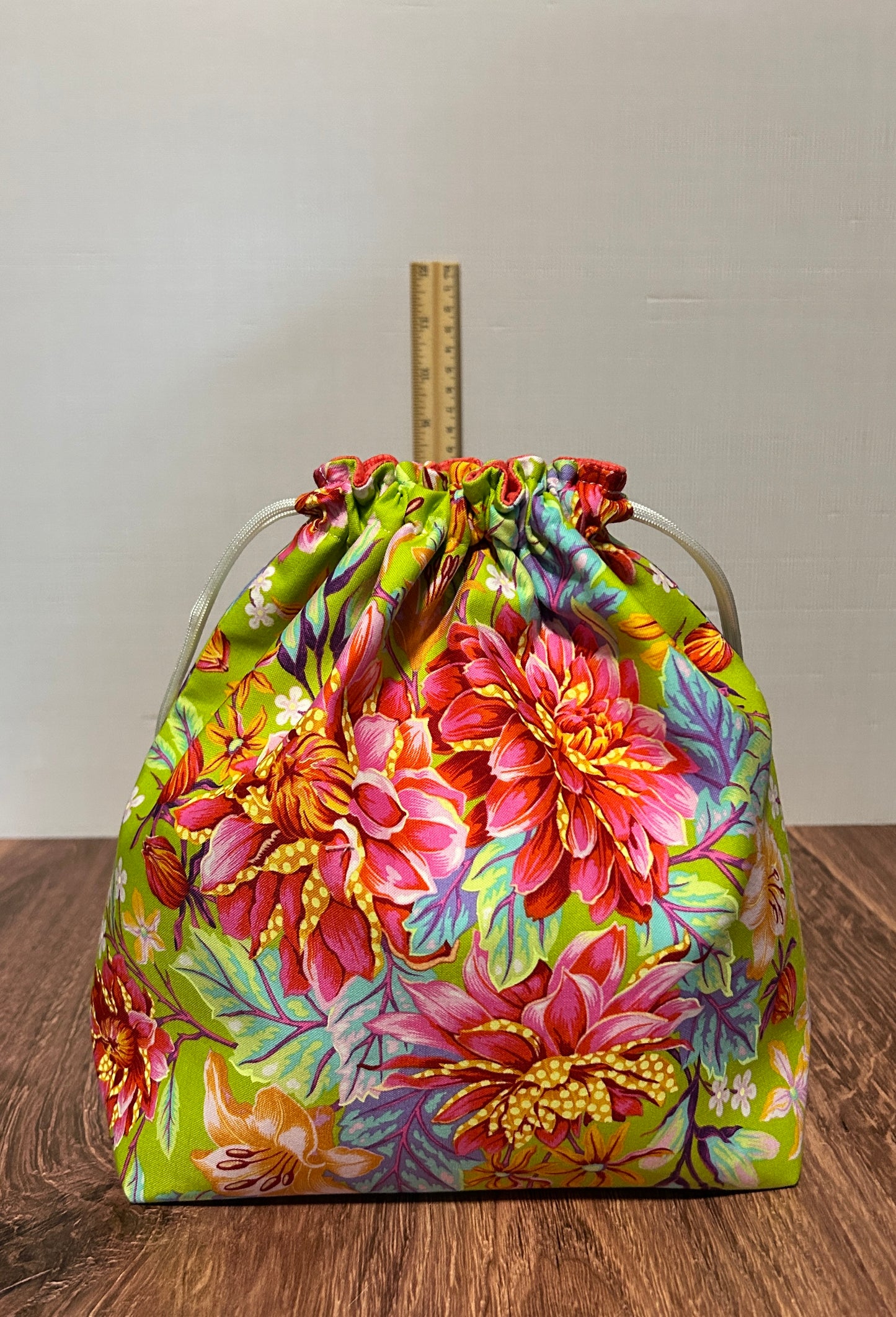 Flower Project Bag - Handmade - Drawstring Bag – Knitting Bag – Crochet Bag - Toy Sack - Floral - Dahlia