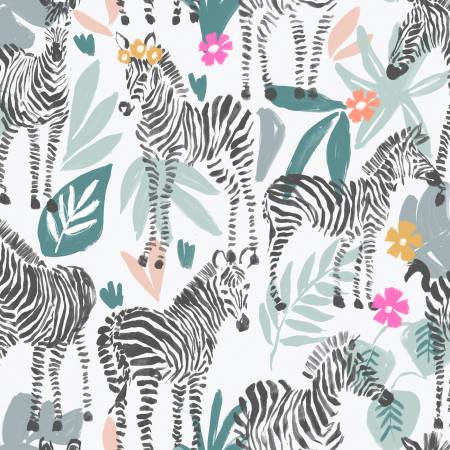 3 Wishes Fabric - Zebra Dazzle Dazzle of Zebras White - Zebra Dazzle by Duncan MacDougal Collection - #22224-WHT - Cotton Fabric