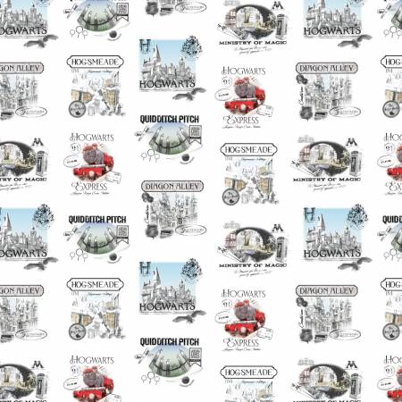 Camelot White Wizarding Locations Fabric - Harry Potter Stamps by Camelot Collection - #23800924-05 - Hogwarts - Cotton