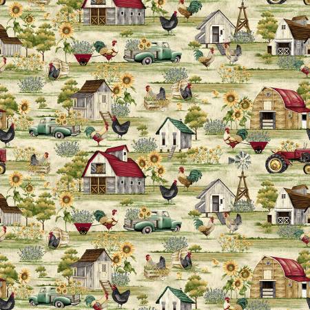 Henry Glass Chicken Fabric - Chicken Shack by Jan Mott Collection - Multi Scenic - Farm - #3311-16 - Cotton Fabric