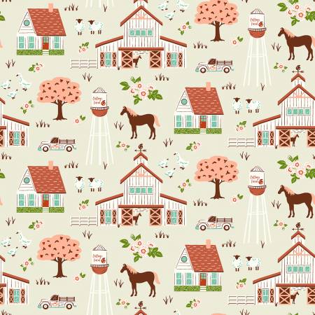 Windham Cottage Farm Fabric - Ivory Cottage Farm Vignette - 53249-1 - Judy Jarvi - Cotton