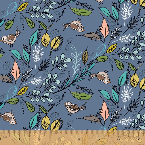 Windham Jaye Bird Fabric - Flying Foliage - Blue - 53271-6 - Kori Turner - Birds - Floral - Whistler Studios - Cotton Fabric