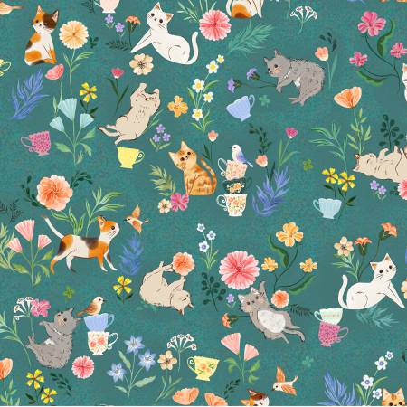 Windham Cat Fabric - Teal Garden Party - Cats in the Garden - Vivian Yiwing - 5385-1 - Cotton