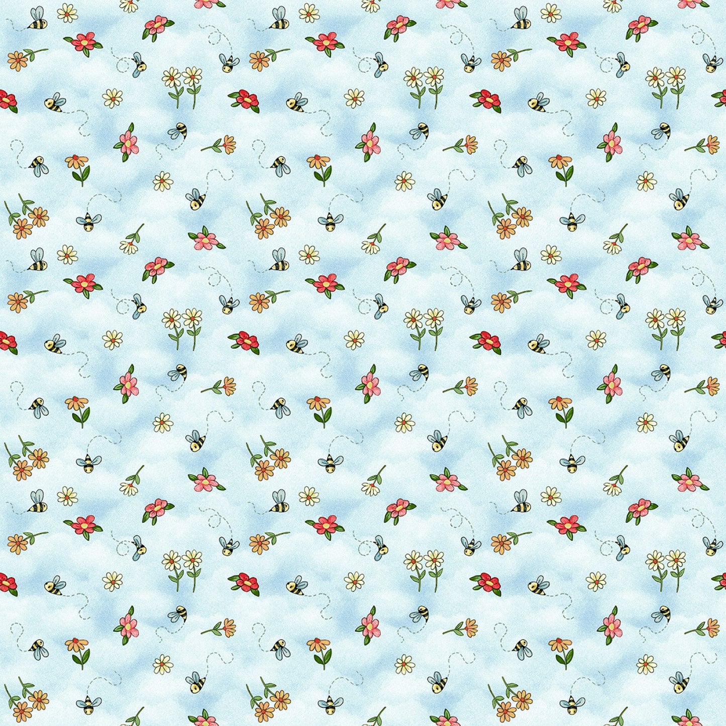 Henry Glass Bee Fabric - Lt Blue River Romp Bees and Bloom by Sharon Kuplack - #866-11 - Cotton Fabric