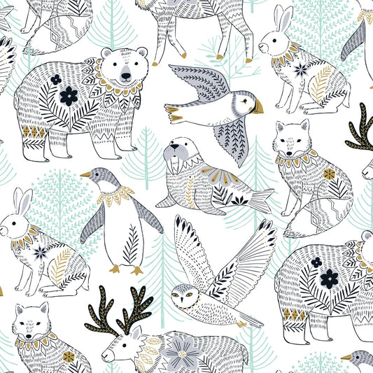 Dashwood Studio - Arctic - 2200 WHITE - Polar Bear - Fox - Owl - Penguin - Walrus - Deer - Bird - Cotton Fabric