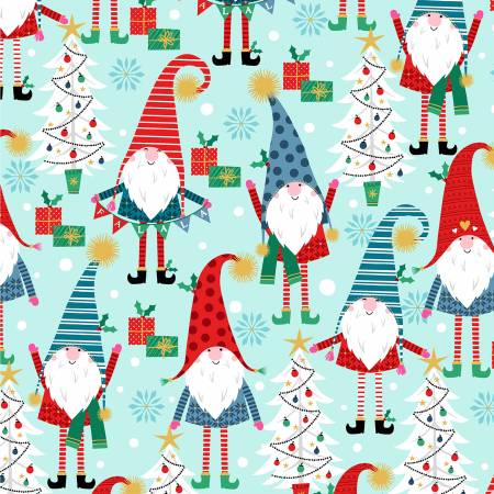 Michael Miller Gnome Fa La Fabric - A Gnome to Fa La by MMF Collection - Aqua - CM8864 - Cotton Fabric