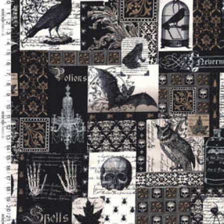 Michael Mille Black Nevermore Collage Fabric - Nevermore Collection - Gillian Fullard - DC5522 - Black - Cotton Fabric