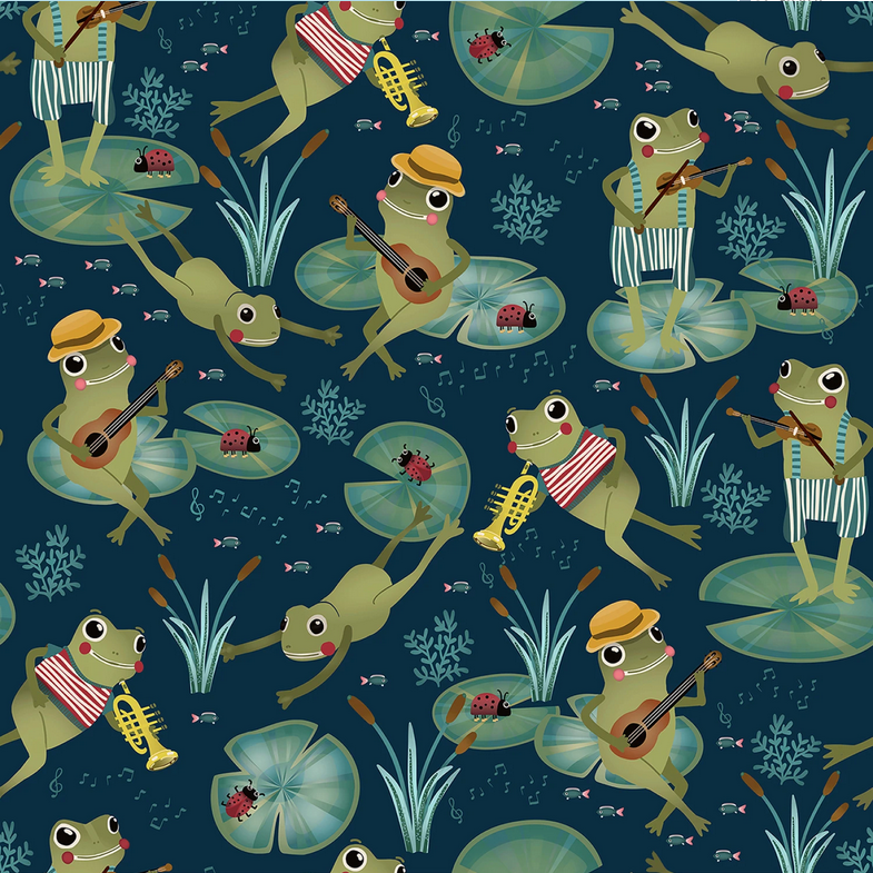 Blank Quilting Frog Fabric - Lake Night Serenade by Bienvenido Collection - Navy Frogs with Instruments - Cotton Fabric