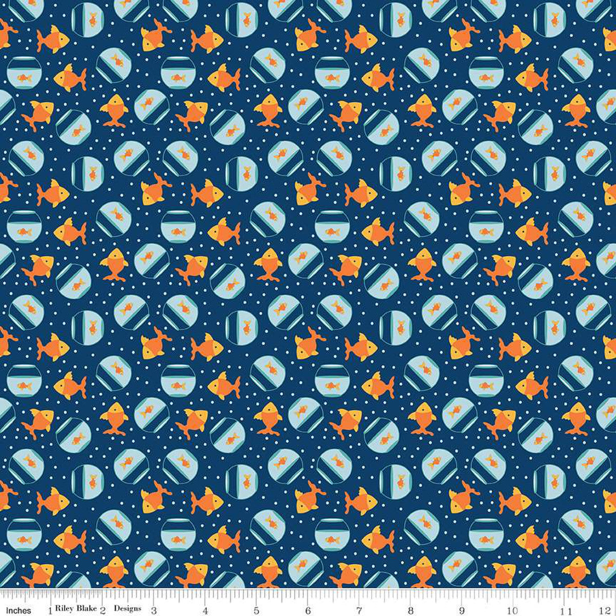 Riley Blake Fabric - Pet Goldfish Navy - Pet's Collection - C13655-NAVY - Lori Whitlock - Cotton Fabric