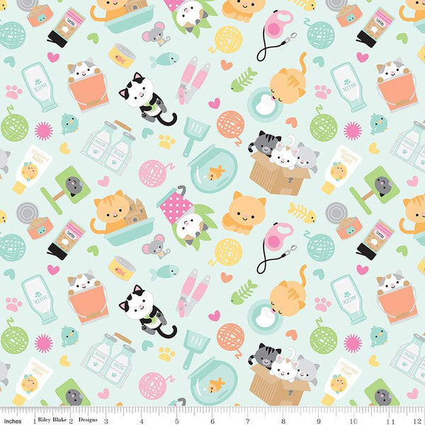 Riley Blake Fabric - Pretty Kitty Main Blue - Pretty Kitty by Doodlebug Design - C15650R - Cotton