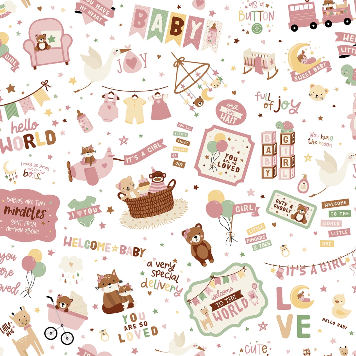 Riley Blake Fabric - Baby Girl by Lori Whitlock Collection - WHITE - Baby Girl Main White - #C16770R-WHITE - Cotton Fabric