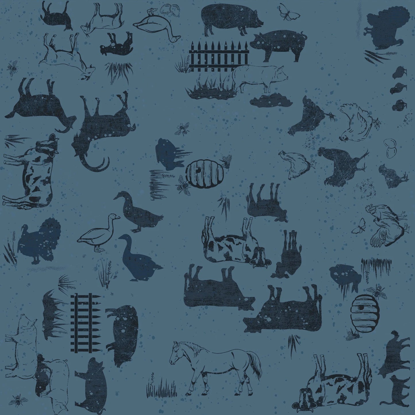 Clothworks Homesteading Fabric - Dan Dipaolo - Denim Homesteading Animals - Farm - Chickens - Cows - Horses - Ducks - Cotton Fabric