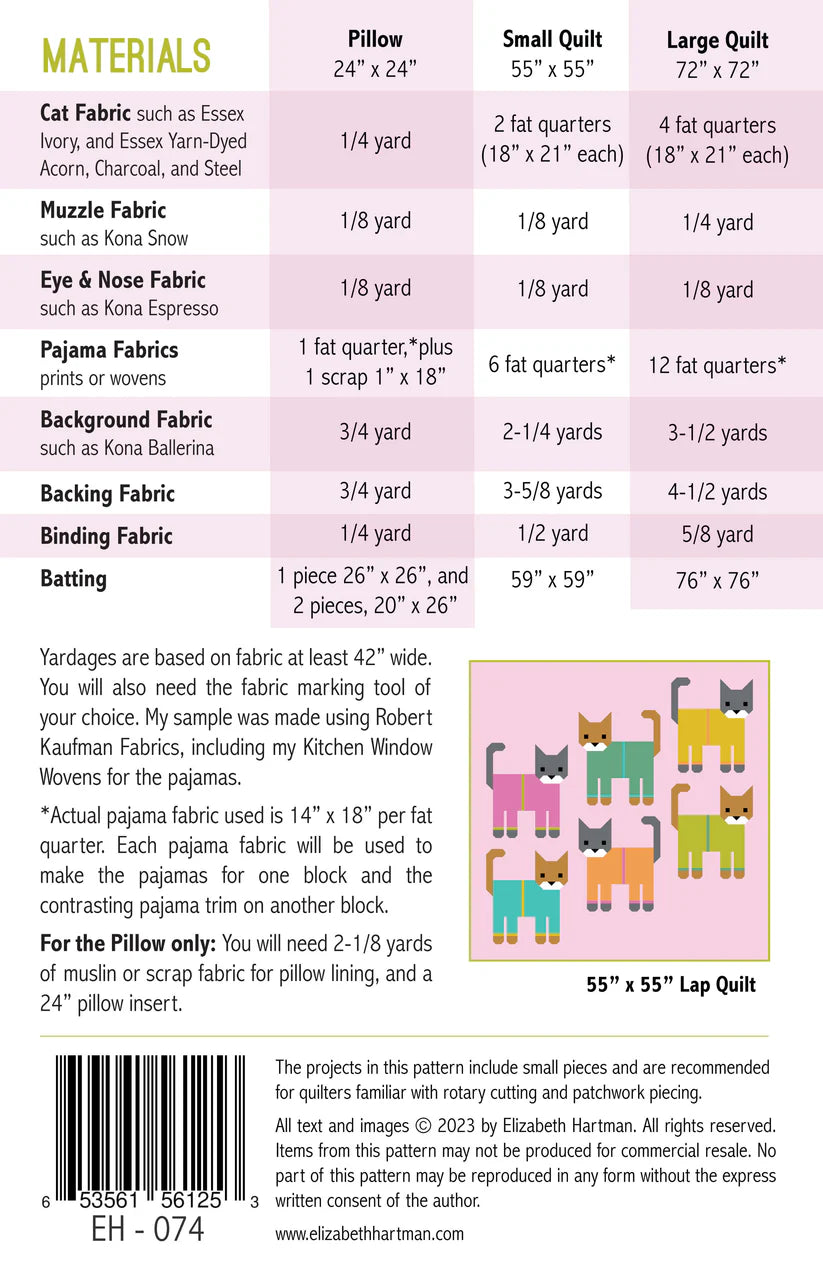 Elizabeth Hartman Quilt Pattern - Cats In Pajamas - Elizabeth Hartman - #EH074 - Quilt Pattern