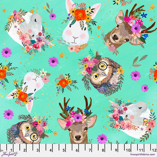 Free Spirit Fabric - Magic Friends - Sweet Portraits - Mia Charro - PWMC031.XMINT - Owl - Deer - Rabbit - Unicorn - Cotton Fabric
