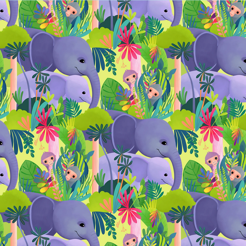 Free Spirit Love in the Wild Fabric - Love in the Jungle Green - Elephant - Monkey - Katy Tanis Collection - Cotton Fabric