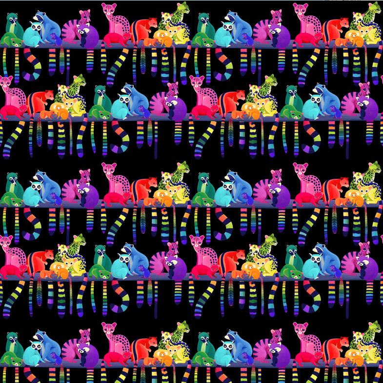 Free Spirit Love in the Wild Fabric - Ringtail Love Night Black - Cats - Katy Tanis Collection - Cotton Fabric