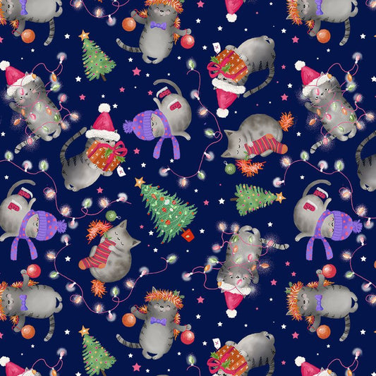 Timeless Treasures Cat Fabric - Holiday Cat - Cat - Christmas - Cotton Fabric
