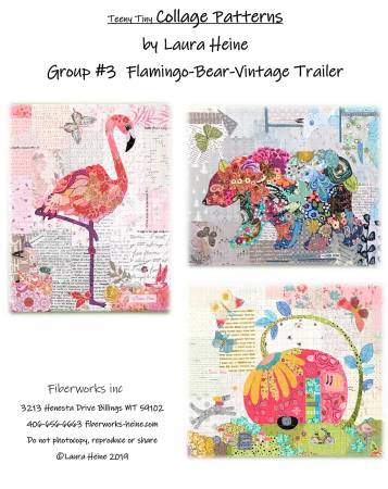 Laura Heine Teeny Tiny Collage Pattern - Teeny Tiny Group #3 - Flamingo, Bear and Vintage Trailer - #LHFWTT3 - Fiberworks Inc