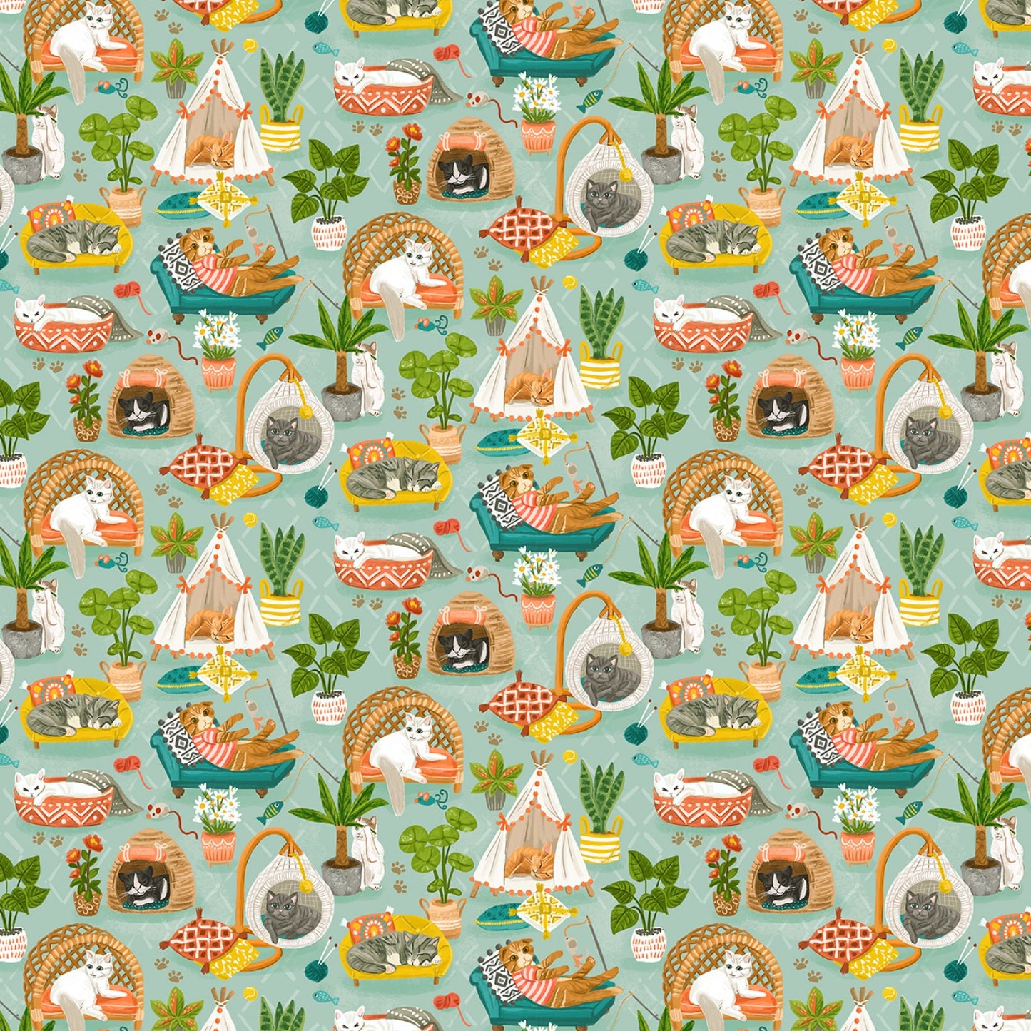 Timeless Treasures Cat Fabric - Cute Napping Cats - Multi Cat - TT-Olivia-CD2155 - Floral - Cat - Cotton Fabric
