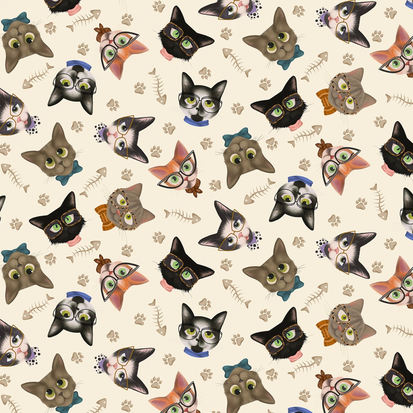 Timeless Treasures Cat Fabric - Sassy Cats Tossed Heads in Glasses -TT-SAGE-CD1457 - Multi Cat - Cat - Cotton Fabric