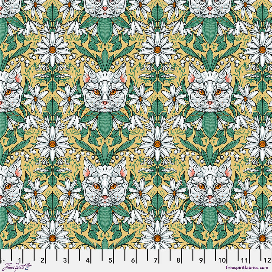 Free Spirit Garden Bed Fabric - Cat Flower - Yellow - Rachel Hauer - PWRH099 - Cotton Fabric