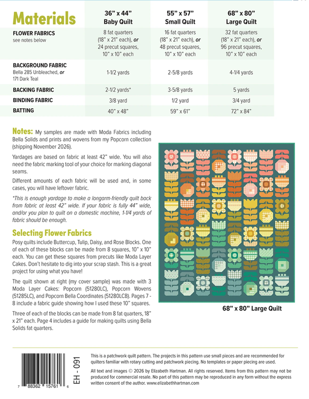 Elizabeth Hartman Quilt Pattern - Posy - Elizabeth Hartman - #EH091 - Quilt Pattern - Tulip - Daisy - Rose - Buttercup