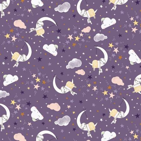 P & B Textiles Sloth Fabric - Purple Sleepy Sloth Sky Toss - PB082124 - Sleepy Sloth by Debbie Monson Collection - Cotton Fabric