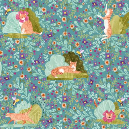 Dear Stella Cat Fabric - Multi Curiousity Blooms - Curious Garden by Pammie Jane - #ST-DPJ2703MULTI - Cotton