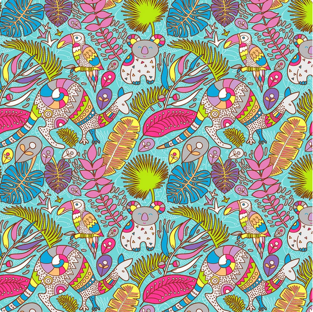 Benartex Cat Fabric - Turquoise Rooville - 17000-84 - Cotton Fabric - Jungle - Parrot - Koala - Kangaroo