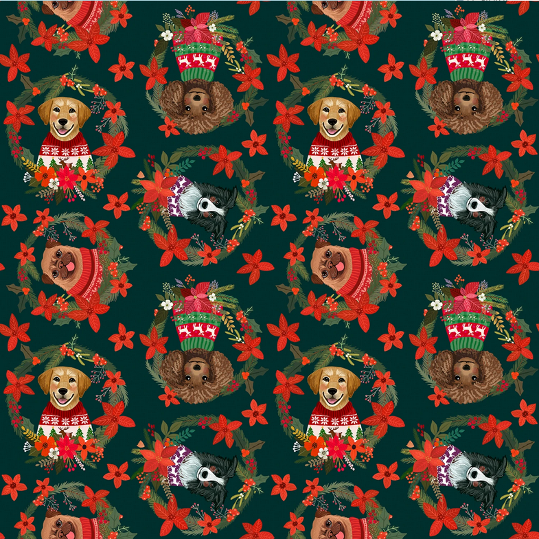 Free Spirit Christmas Pets Fabric - Christmas Dogs Spruce - Mia Charro - PWMC108.XSPRUCE - Dog - Floral Wreath - Cotton Fabric