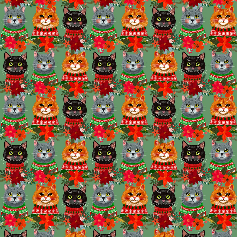 Free Spirit Christmas Pets Fabric - Christmas Cats Sage - Mia Charro - PWMC109.XSAGE - Cat - Floral - Cotton Fabric