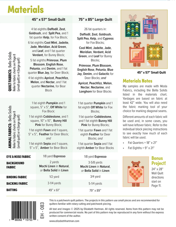 Elizabeth Hartman Quilt Pattern - Show and Tell - Elizabeth Hartman - #EH083 - Quilt Pattern - Bear - Bunny - Blankets