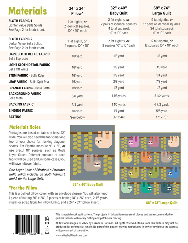 Elizabeth Hartman Quilt Pattern - Snuggly Sloths - Elizabeth Hartman - #EH085 - Quilt Pattern