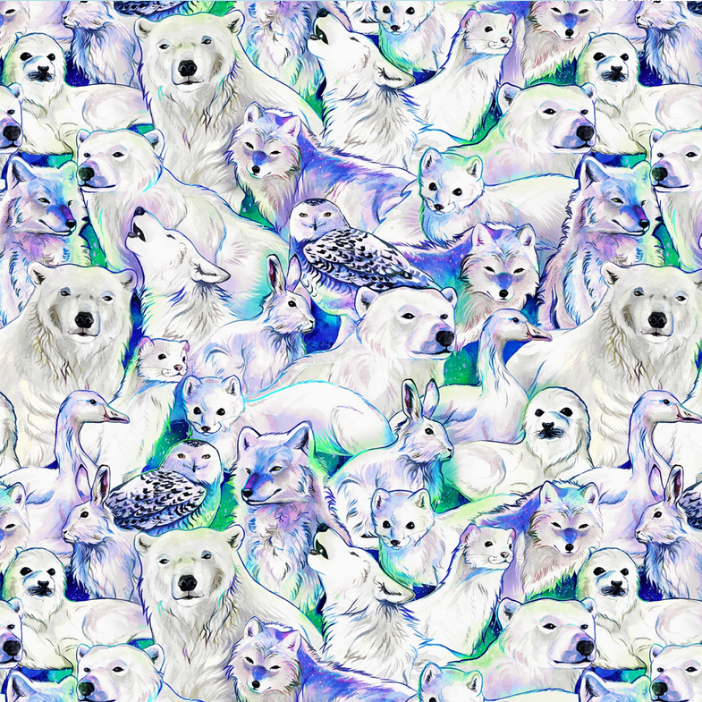 Studio E Arctic Fabric - Tales of the Tundra by Katy Lipscomb - Amethyst Tundra Animals - Cotton - Polar Bear - Wolf - Owl - Seal