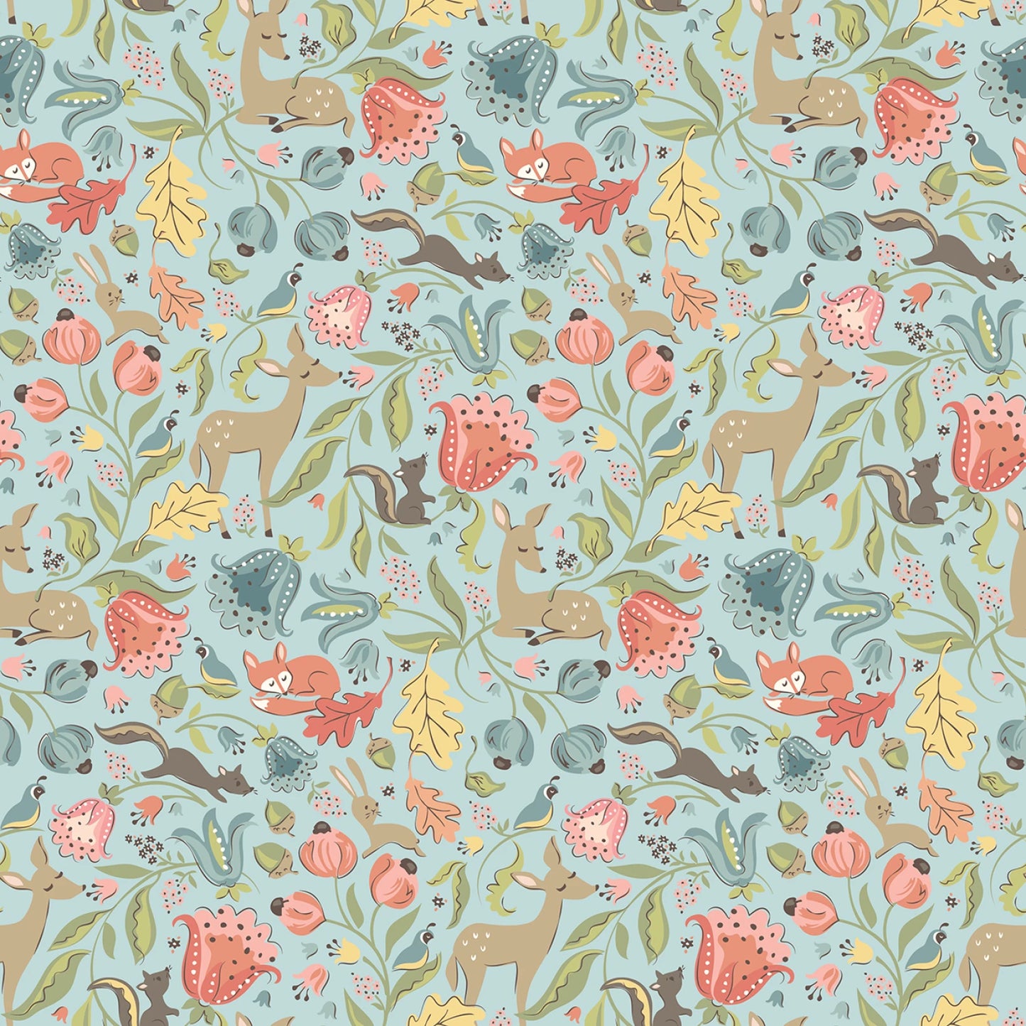 Poppie Cotton Woodland Fabric - Lt Teal Deer Meadow - Wildwood by Sheri McCulley Collection - #WW25101 - Cotton