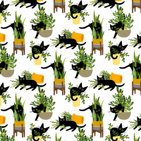 Dear Stella Cat Fabric - White Just Purrlanted - A Tall Yarn - Leezaworks Collection - #ST-DLW2662 - WHITE - Cotton Fabric