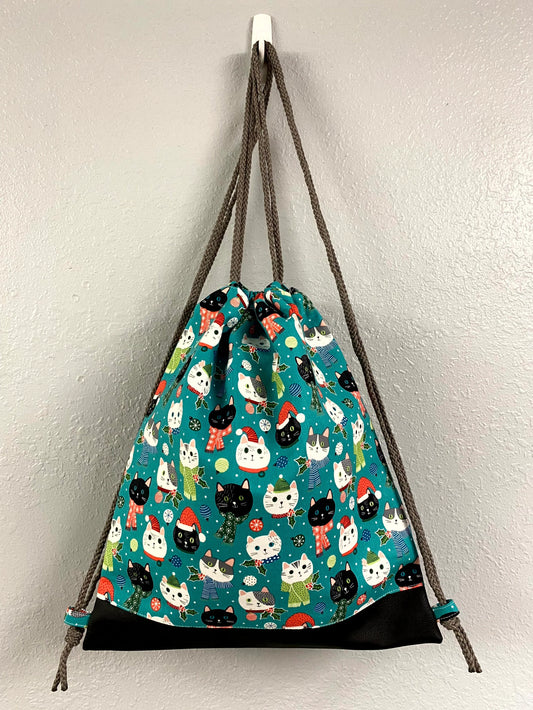 Cat Drawstring Bag - Handmade Drawstring Bag – Drawstring Backpack - On the Go Bag - Overnight Bag - Christmas - Cats