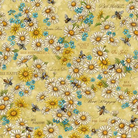 Paintbrush Studios Fabric - Bee Kind - Yellow Daisies and Bees - #120-99201 - Floral - Cotton Fabric