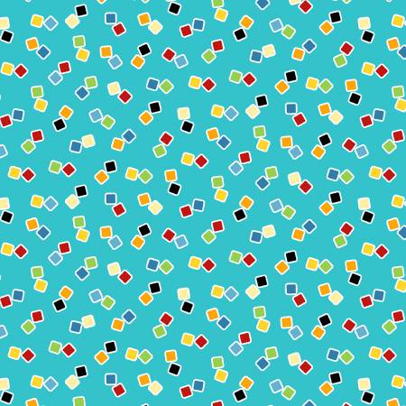 Henry Glass Aqua Small Colored Blocks Glow Fabric - Monsterocity with Glow- Shelly Comiskey Collection - #1238G-11 - Cotton Fabric