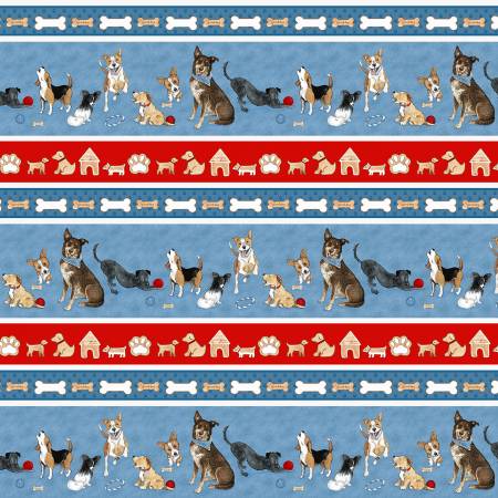 Henry Glass Blue Multi Border Stripe Fabric - A Place to Call Home by Grace Violet Collection - #1424-78 - Cotton Fabric
