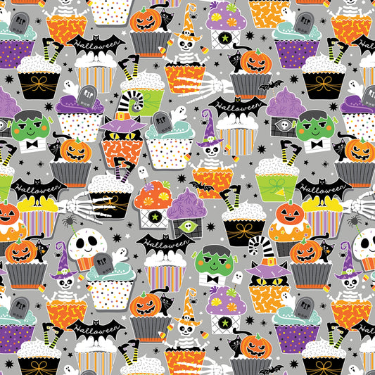 Benartex Fabric - Chills and Thrills by Kanvas Collection - Gray Halloween Treats Glows in the Dark - Cotton Fabric