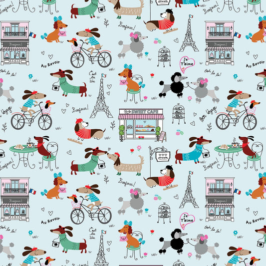 Benartex Dog Fabric - Parisian Pups - Paris Life Light Blue - #14737B-05 - Dog - Cotton Fabric