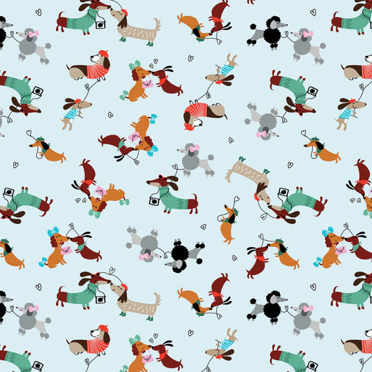 Benartex Dog Fabric - Parisian Pups - Puppy Love Light Blue - #14738B-05 - Dog - Cotton Fabric