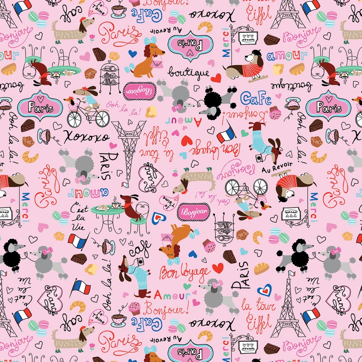 Benartex Dog Fabric - Parisian Pups - Paris Life Pink - #14738B-01 - Dog - Cotton Fabric