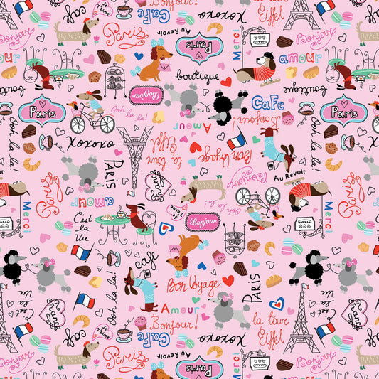 Benartex Dog Fabric - Parisian Pups - Paris Life Pink - #14738B-01 - Dog - Cotton Fabric