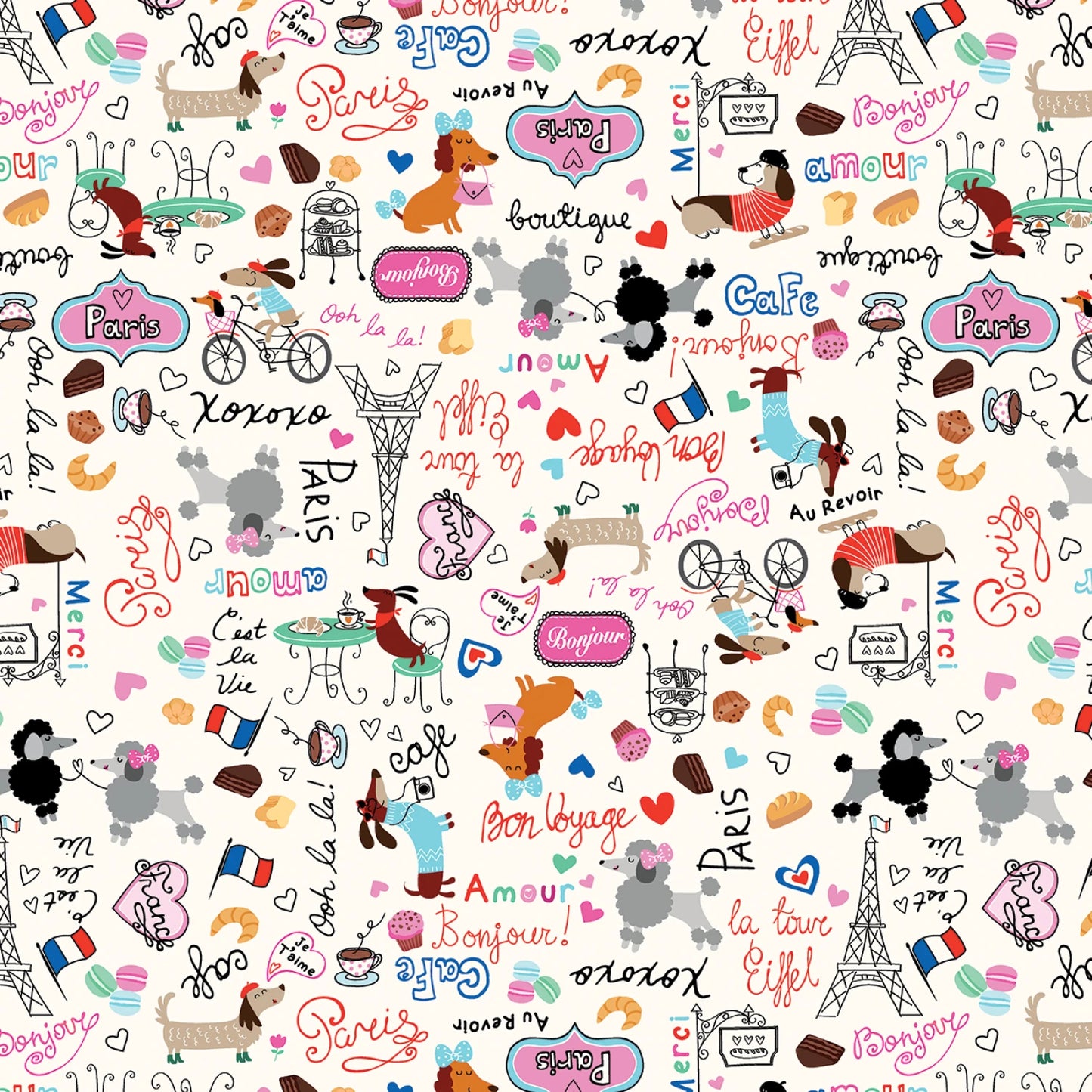 Benartex Dog Fabric - Parisian Pups - Parisian Pups Words Cream - #14743B-07 - Dog - Cotton Fabric