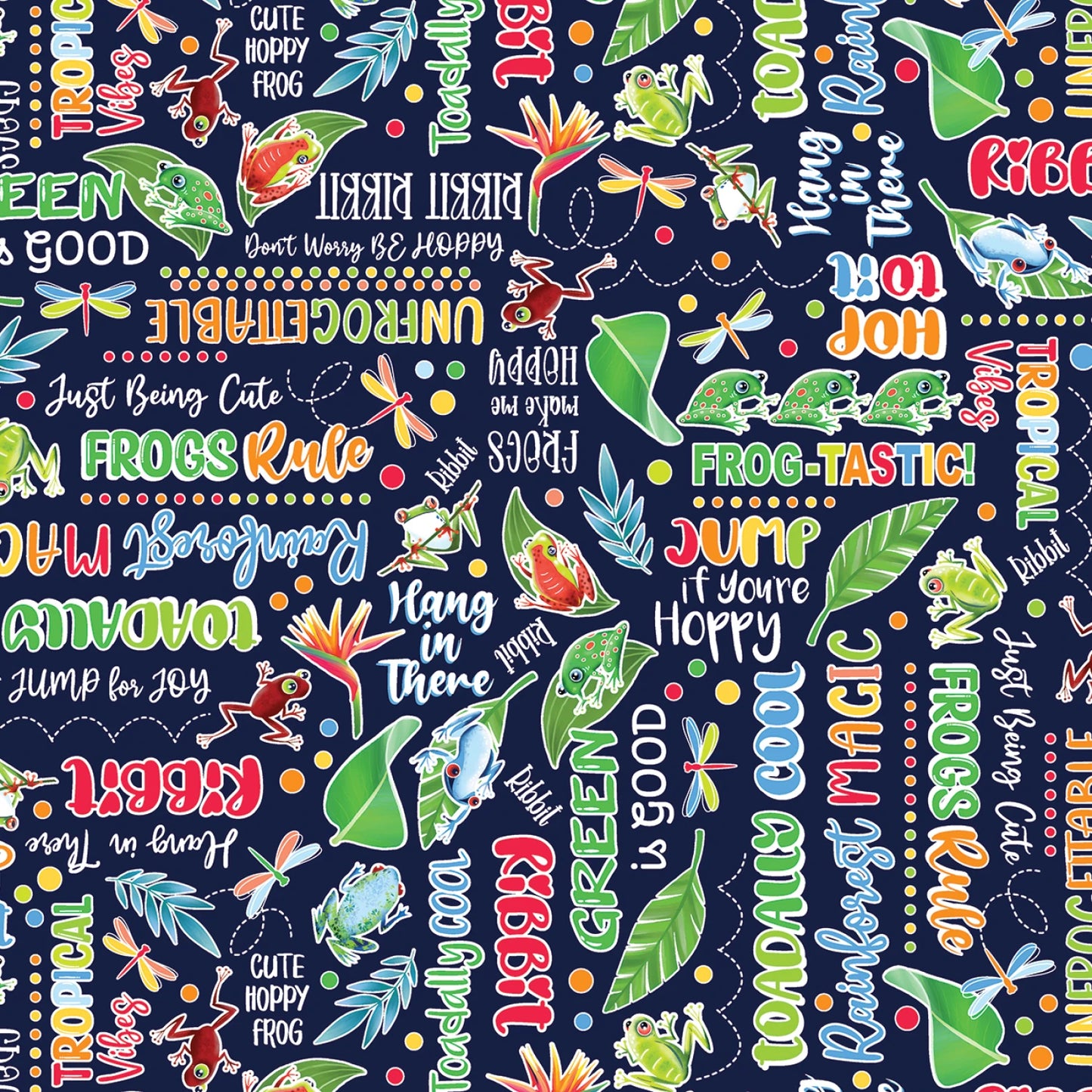 Benartex Frog Fabric - Rainforest Glow - Frog-tastic Words Navy Glows in the Dark - #14897GB-58 - Cotton Fabric