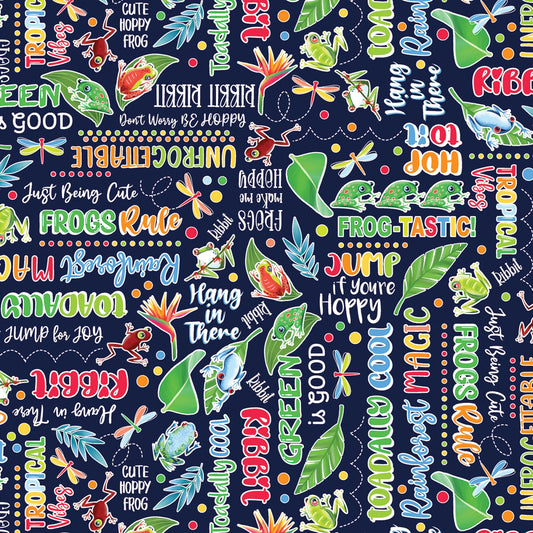 Benartex Frog Fabric - Rainforest Glow - Frog-tastic Words Navy Glows in the Dark - #14897GB-58 - Cotton Fabric